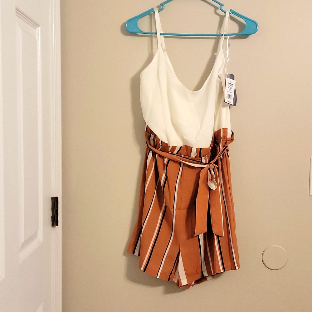 Spaghetti strap, high waisted shorts rompers in brown & white